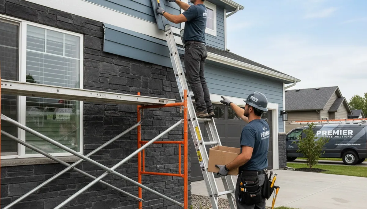 Technician repairing vinyl siding on Knoxville TN home exterior damaged by storm and humidity