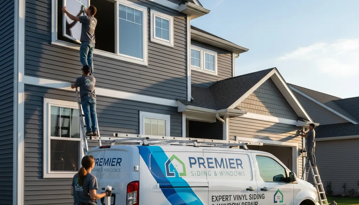 Vinyl siding and window repair experts working on a Knoxville TN home exterior renovation